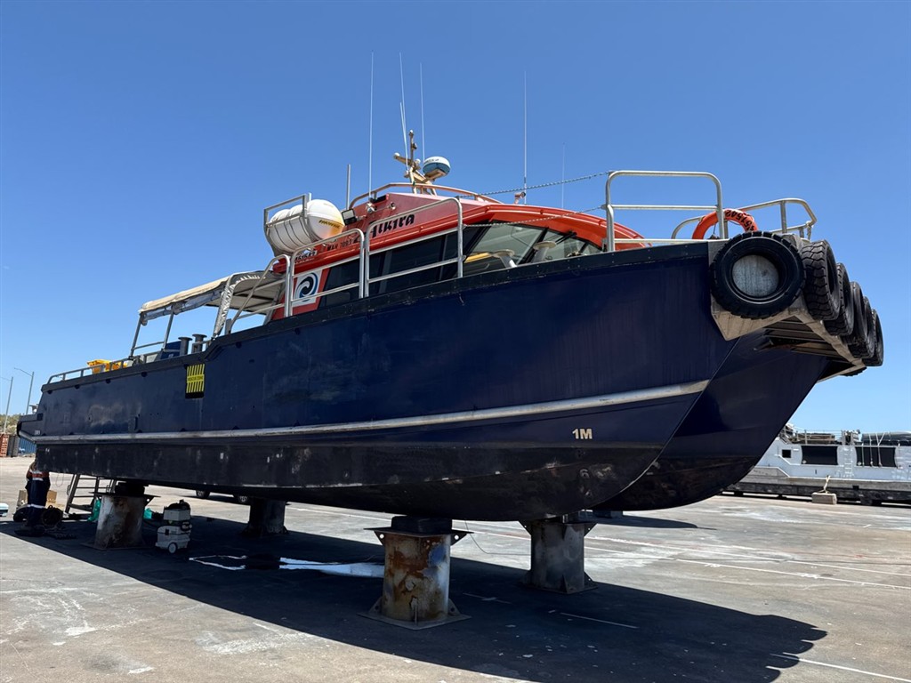 Vessel on hard stand at a boat yard