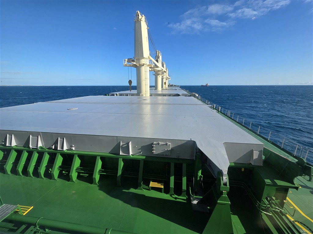 Bulk carrier deck looking forward over the cargo hatches