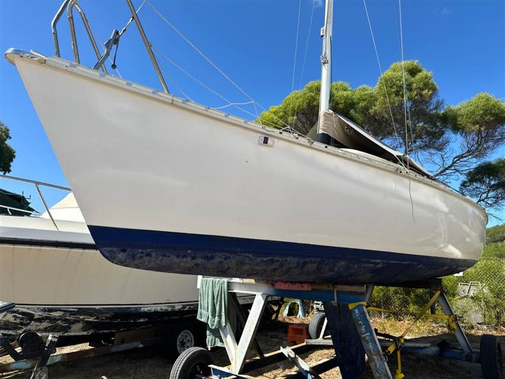 Sailboat on stands during hull survey